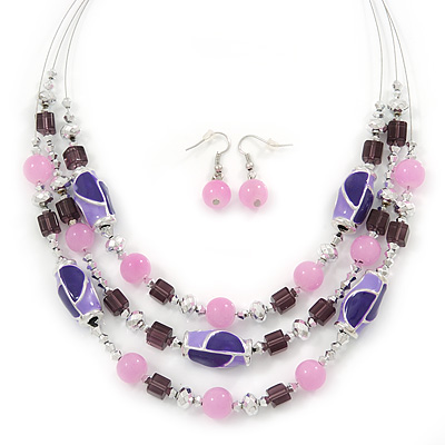 Pink/ Purple/ Violet Glass & Enamel Bead Multi Strand Wire Necklace & Drop Earrings Set In Silver Tone - 44cm L/ 3cm Ext