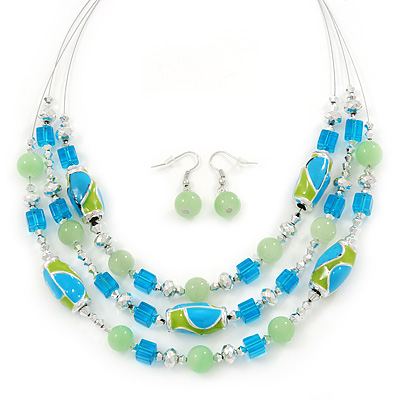 Mint/ Olive/ Light Blue Glass & Enamel Bead Multi Strand Wire Necklace & Drop Earrings Set In Silver Tone - 44cm L/ 3cm Ext - main view