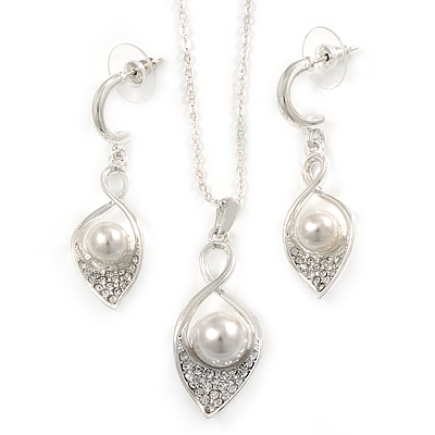 Clear Crystal, White Glass Pearl Calla Lily Pendant with Chain and Drop Earrings Set In Rhodium Plated Metal - 40cm L/ 5cm Ext, 45mm L (Earrings) - main view