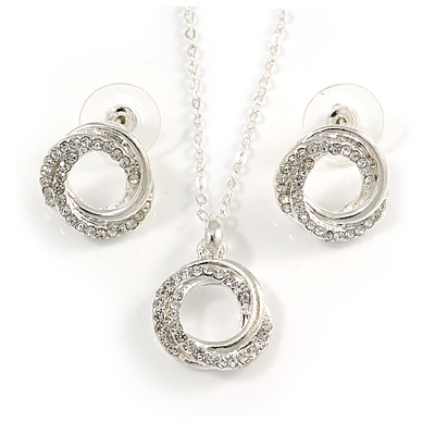 Clear Austrian Crystal Open Circle Pendant With Silver Tone Chain and Stud Earrings Set - 37cm L/ 6cm Ext - Gift Boxed