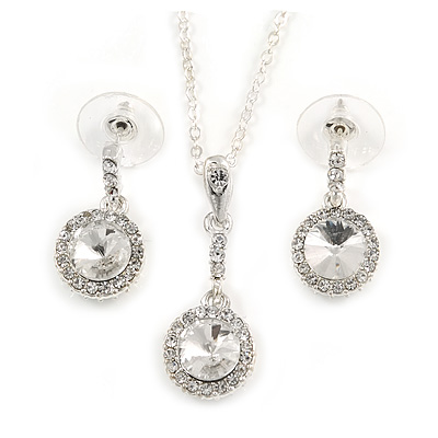 Round Cut Clear Glass Pendant With Silver Tone Chain and Drop Earrings Set - 38cm L/ 5cm Ext - Gift Boxed - main view