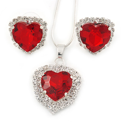 Red/ Clear Crystal Heart Pendant with Silver Tone Chain and Stud Earrings Set - 44cm L/ 6cm Ext - main view