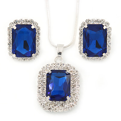Sapphire Blue/ Clear Crystal Square Pendant with Silver Tone Chain and Stud Earrings Set - 44cm L/ 5cm Ext - main view