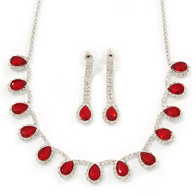 Bridal/ Wedding/ Prom Siam Red/ Clear Austrian Crystal Necklace And Drop Earrings Set In Silver Tone - 36cm L/ 11cm Ext - main view