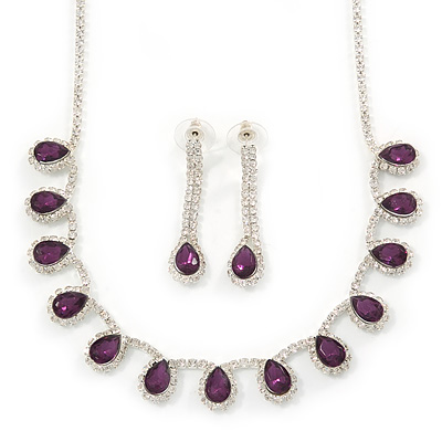 Bridal/ Wedding/ Prom Amethyst Purple/ Clear Austrian Crystal Necklace And Drop Earrings Set In Silver Tone - 36cm L/ 11cm Ext - main view