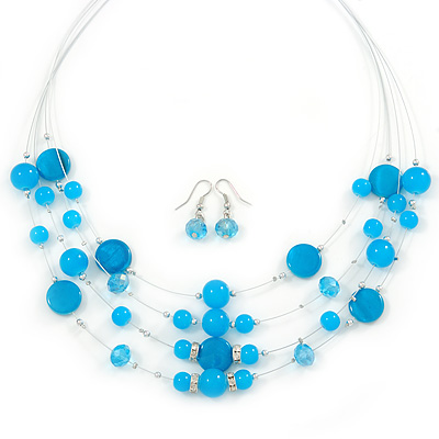 Light Blue Shell & Crystal Floating Bead Necklace & Drop Earring Set - 52cm L/ 5cm Ext - main view