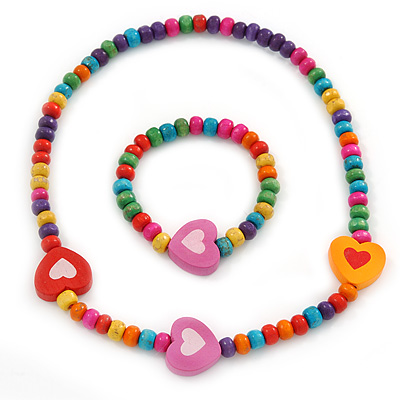 Children's Multicoloured Heart Wooden Flex Necklace & Flex Bracelet Set