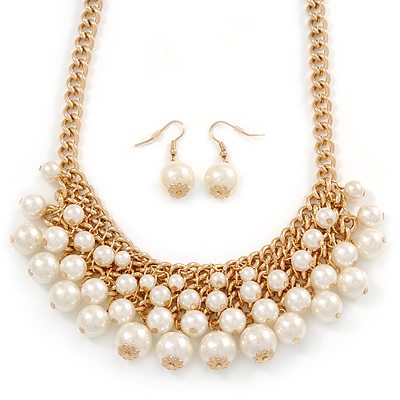 Gold Plated Cream Faux Pearl Bib Necklace and Drop Earrings Set - 40cm L/ 8cm Ext - main view