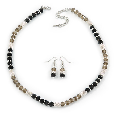 Light Silver Snowflake Metal Rings with Black/ Grey Glass Beads Necklace and Drop Earrings Set - 44cm L/ 6cm Ext - main view