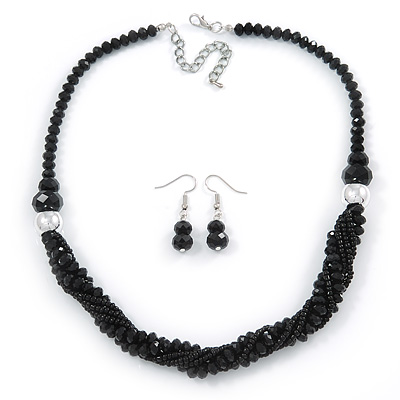 Black Glass Crystal Bead Twisted Multi Strand Necklace and Drop Earrings In Silver Tone - 47cm L/ 7cm Ext - main view