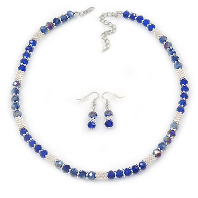 Bracelet /& Earrings Set Silver Tone Metal - 44cm L// 4cm Ext Avalaya White /& Royal Blue Imitation Pearl Bead with Diamante Ring Necklace