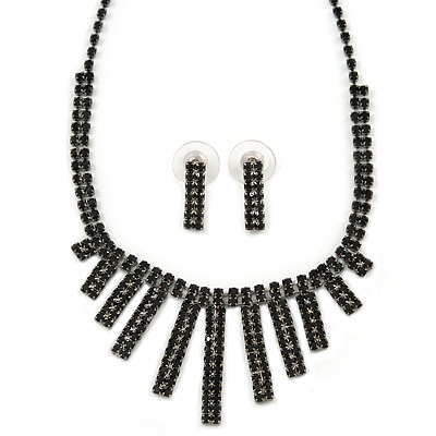 Black Crystal Bar Necklace and Stud Earrings Set In Black Tone Metal - 28cm L/ 11cm Ext - main view