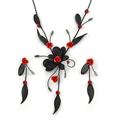 Exquisite Y-Shape Red Rose Necklace & Drop Earring Set In Black Metal - 42cm L/ 6cm Ext/ 7cm Drop - main view