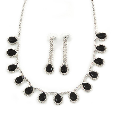 Bridal/ Wedding/ Prom Jet Black/ Clear Austrian Crystal Necklace And Drop Earrings Set In Silver Tone - 36cm L/ 11cm Ext - main view