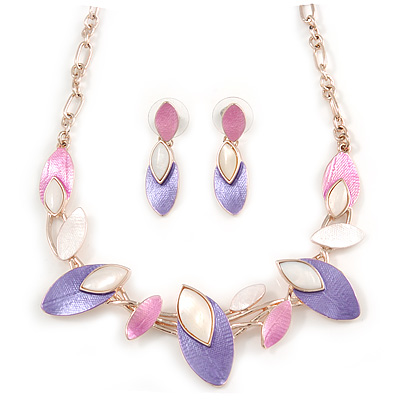 Delicate Matt Enamel Leaf Necklace & Drop Earrings In Rose Gold Tone Metal (Purple/ Pink/ White) - 39cm L/ 8cm Ext - Gift Boxed - main view