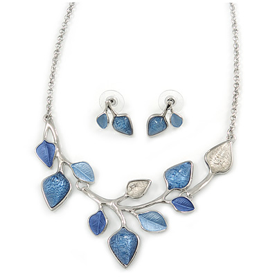 Romantic Blue/ White Enamel, Resin Leaf Necklace & Stud Earrings In Silver Tone Metal - 40cm L/ 8cm Ext - Gift Boxed - main view