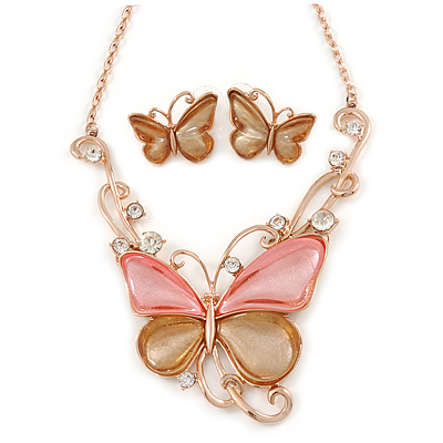 Romantic Glass, Crystal Pastel Gold/ Pink Butterfly Necklace & Stud Earrings In Gold Tone Metal - 40cm L/ 8cm Ext - Gift Boxed