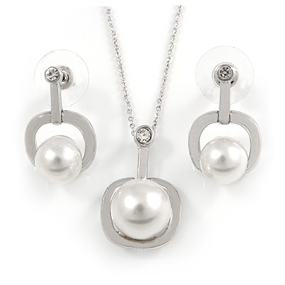 Clear Austrian Crystal Faux Glass Pearl Pendant with Silver Tone Chain and Drop Earrings Set - 40cm L/ 5cm Ext - Gift Boxed - main view