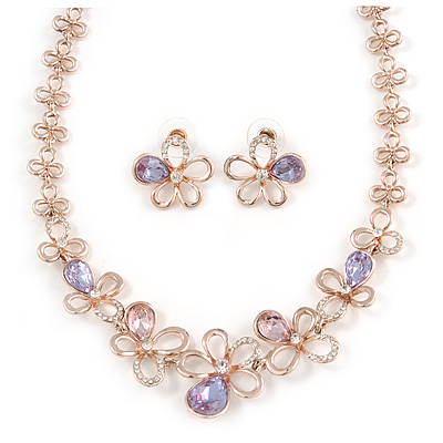 Romantic Pink/ Amethyst Crystal Open Flower Necklace & Stud Earrings In Rose Gold Metal - 40cm L/ 9cm Ext - Gift Boxed - main view