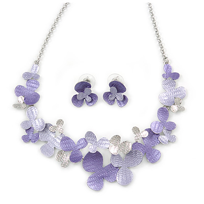 Romantic Matt Purple, Lavender Enamel Textured Floral Necklace & Stud Earrings In Rhodium Plated Metal - 39cm L/ 7cm Ext - Gift Boxed - main view