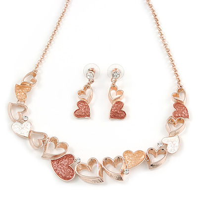 Romantic Matt Beige/ Orange Heart Necklace &  Drop Earrings In Rose Gold Metal - 39cm L/ 7cm Ext - Gift Boxed - main view