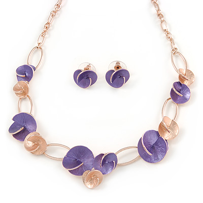 Romantic Purple/ Rose Gold Matt Enamel 3D Floral Necklace & Stud Earrings In Rose Gold Metal - 39cm L/ 8cm Ext - Gift Boxed