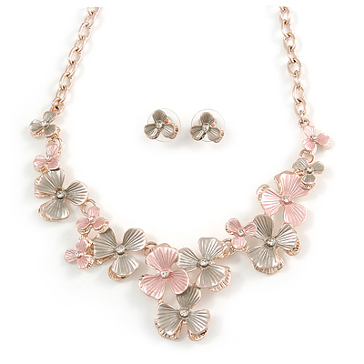 Romantic Pastel Pink/ Beige Matt Enamel 3D Floral Necklace & Stud Earrings In Rose Gold Metal - 40cm L/ 8cm Ext - Gift Boxed - main view