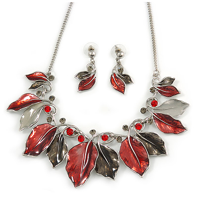 Stunning Enamel, Crystal Multi Leaf Necklace and Drop Earrings Set In Rhodium Plating (Grey/ Red) - 40cm L/ 6cm Ext - Gift Boxed - main view