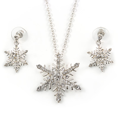 Clear Austrian Crystal Snowflake Pendant With Silver Tone Chain and Drop Earrings Set - 46cm L/4cm Ext - Gift Boxed - main view