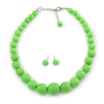Apple Green Acrylic Bead Choker Style Necklace And Stud Earring Set In Silver Tone - 38cm L/ 5cm Ext - main view
