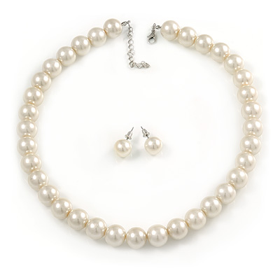 13mm Cream Faux Pearl Glass Bead Chunky Necklace and Stud Earrings Set with Silver Tone Closure - 46cm L/ 5cm Ext - main view