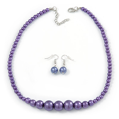 Purple Graduated Glass Bead Necklace & Drop Earrings Set In Silver Plating - 44cm L/ 4cm Ext - main view