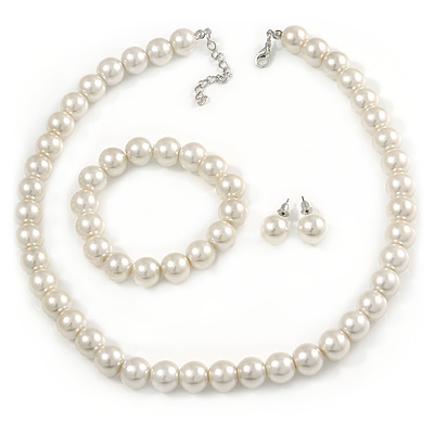 12mm Cream Faux Glass Pearl Bead Necklace, Flex Bracelet & Stud Earrings Set In Silver Plating - 46cm L/ 5cm Ext - main view