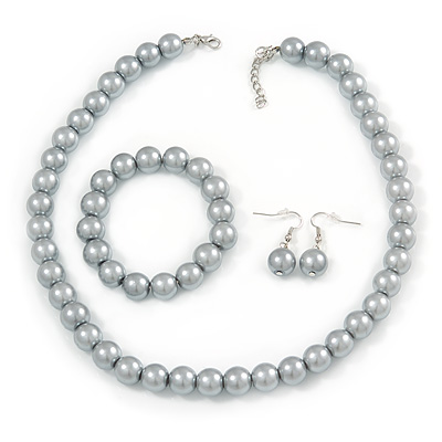 12mm Grey Glass Bead Necklace, Flex Bracelet & Drop Earrings Set In Silver Plating - 46cm L/ 5cm Ext