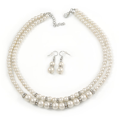 2 Strand White Faux Pearl Glass Bead Necklace and Drop Earrings Set - 45cm L/ 4cm Ext - main view