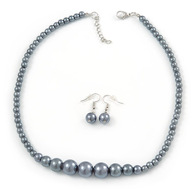 Grey Graduated Glass Bead Necklace & Drop Earrings Set In Silver Plating - 44cm L/ 4cm Ext - main view