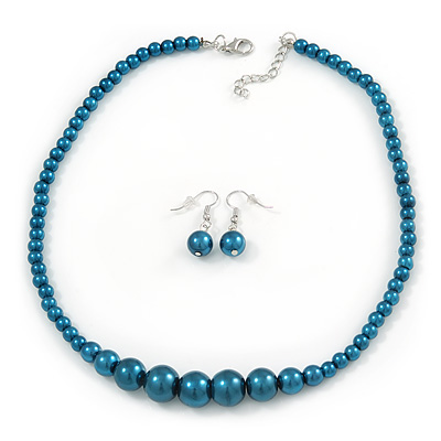 Teal Graduated Glass Bead Necklace & Drop Earrings Set In Silver Plating - 44cm L/ 4cm Ext - main view