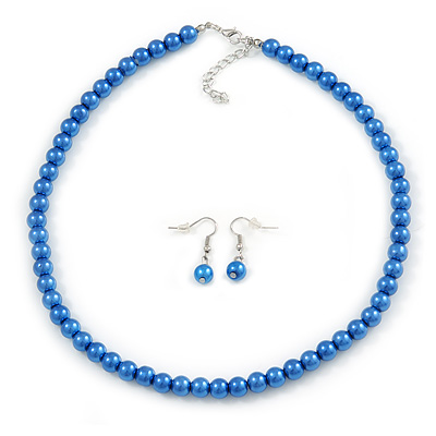 8mm Blue Glass Bead Necklace and Drop Earrings with Silver Tone Closure - 45cm L/ 5cm Ext - main view