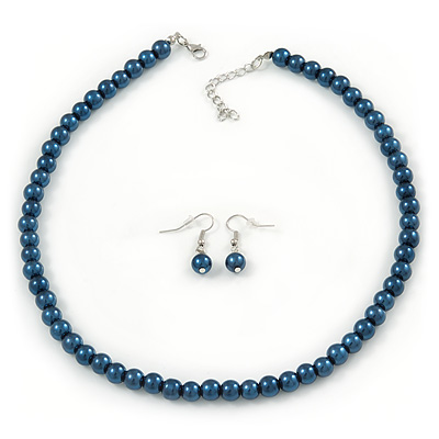 8mm Dark Blue Glass Bead Necklace and Drop Earrings with Silver Tone Closure - 45cm L/ 5cm Ext - main view