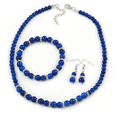 5mm, 7mm Royal Blue Ceramic/ Crystal Bead Necklace, Flex Bracelet & Drop Earrings Set In Silver Plating - 42cm L/ 5cm Ext - main view