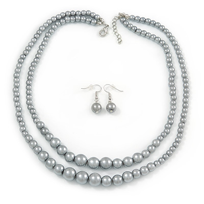 2 Strand Layered Grey Graduated Glass Bead Necklace and Drop Earrings Set - 50cm L/ 4cm Ext - main view