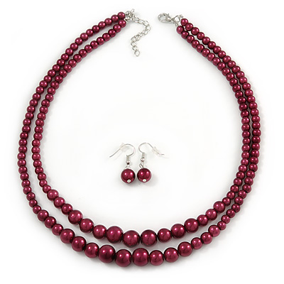 2 Strand Layered Cranberry Red Graduated Glass Bead Necklace and Drop Earrings Set - 50cm L/ 4cm Ext - main view