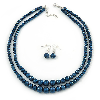 2 Strand Layered Inky Blue Graduated Glass Bead Necklace and Drop Earrings Set - 50cm L/ 4cm Ext - main view