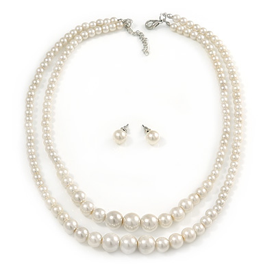 2 Strand Layered Cream Graduated Glass Bead Necklace and Stud Earrings Set - 50cm L/ 4cm Ext - main view