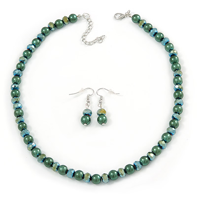 8mm Deep Green Glass Bead Necklace and Drop Earrings Set In Silver Tone - 40cm L/ 4cm Ext - main view