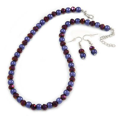 Deep Purple Glass Bead Necklace and Drop Earrings Set In Silver Tone - 40cm L/ 4cm Ext/ 8mm D