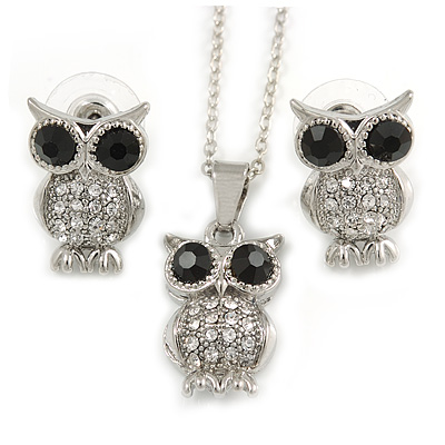 Clear/ Black Crystal Owl Pendant with Chain and Stud Earrings Set In Silver Tone - 40cm L/ 4cm Ext - main view