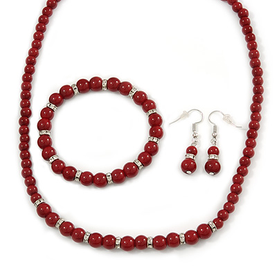 6mm/ 8mm Dark Red Ceramic Bead Necklace, Flex Bracelet & Drop Earrings With Crystal Ring Set In Silver Tone - 43cm L/ 5cm Ext