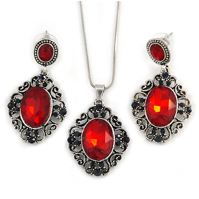 Victorian Inspired Ruby Red/ Dark Blue Crystal Filigree Pendant with Silver Tone Snake Chain and Drop Earrings In Aged Silver Tone Metal - 40cm L/ 4cm - main view