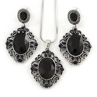 Victorian Inspired Black Crystal Filigree Pendant with Silver Tone Snake Chain and Drop Earrings In Aged Silver Tone Metal - 40cm L/ 4cm Ext - main view
